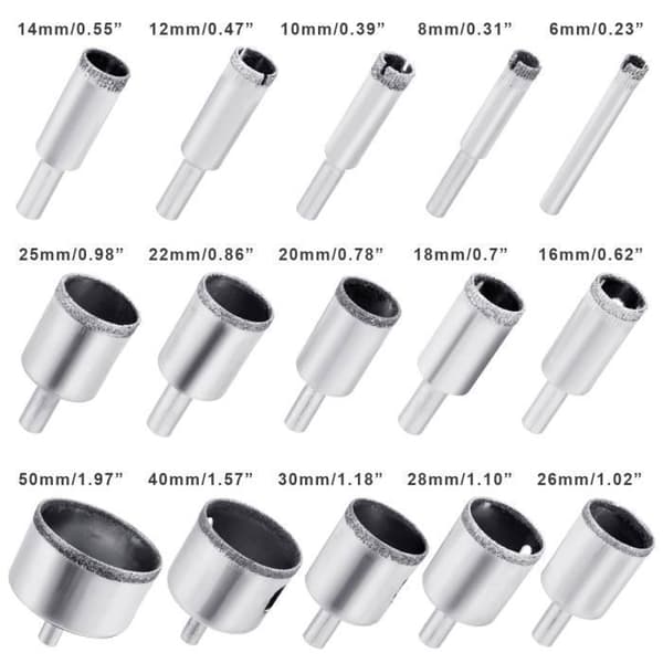 Set med 15 diamantborr, hålsågar för kolstål, glasborr, keramik, porslin, kakel, marmor