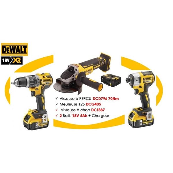 Pack med 3 verktyg 18V (DCF887 + DCD796 + DCG405) + 2 batterier 5Ah + laddare + TSTAK-väska - DEWALT - DCK384P2T-QW