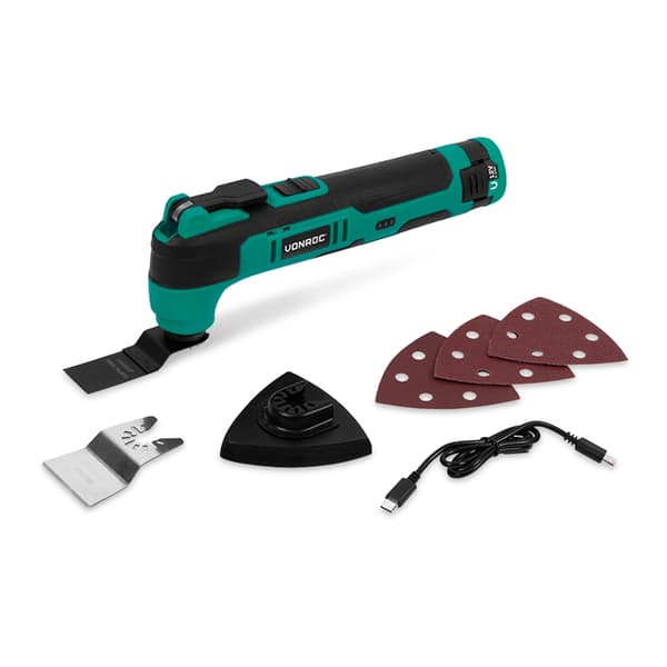 VONROC Batteridriven Multiverktyg 12V | Inkl. Batteri, USB-C Kabel och Tillbehör