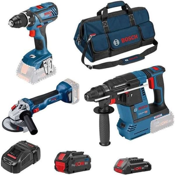 Bosch Pro 3 VERKTYG: GSR 18V-55 borr + GWS 18V-10 kvarn + GBH 18V-26 borrhammare + 1xProCORE18V 8,0Ah; GAL 1880 hk