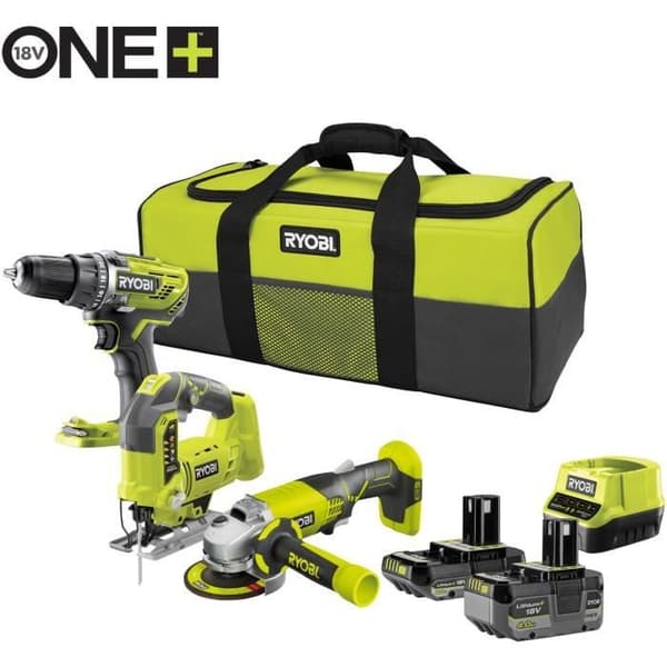 RYOBI 3 verktyg: 1 R18DD3 borrskruvmejsel + 1 115 mm kvarn + 1 sticksåg + 2 batterier 4 Ah &amp; 2 Ah + 1 laddare &amp; 1 påse