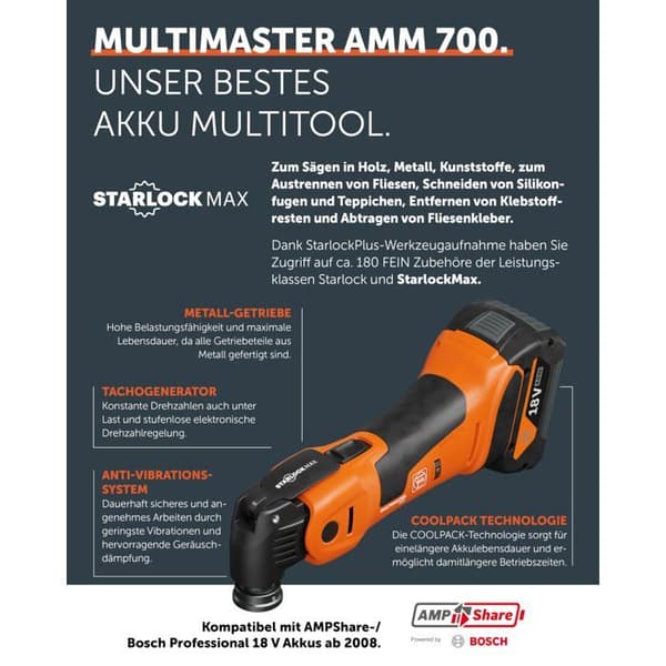 Trådlös multifunktionsverktyg - Fein - Multimaster AMM 700 Max Top - 2 batterier - Laddare - StarlockMax