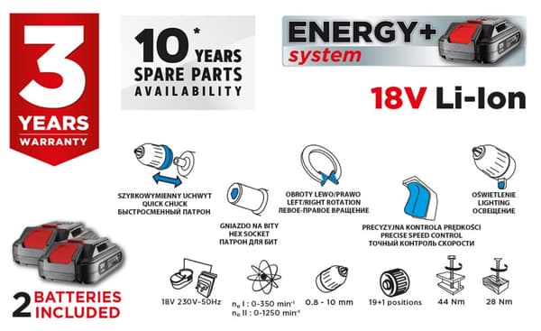 Energy+ 18V Li-Ion batteri boremaskine, aftagelig 10 mm borepatron, 2 x 2Ah batterier, oplader, kuffert