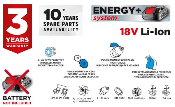 Borstlös sladdlös borrmaskin Energy+ 18V, Li-Ion, 13 mm, utan batteri