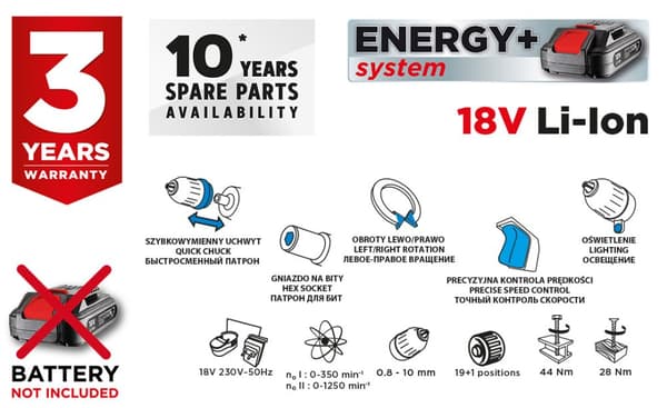 Energy+ 18V Li-Ion ledningsfri boremaskine, aftagelig 10 mm borepatron, uden batteri