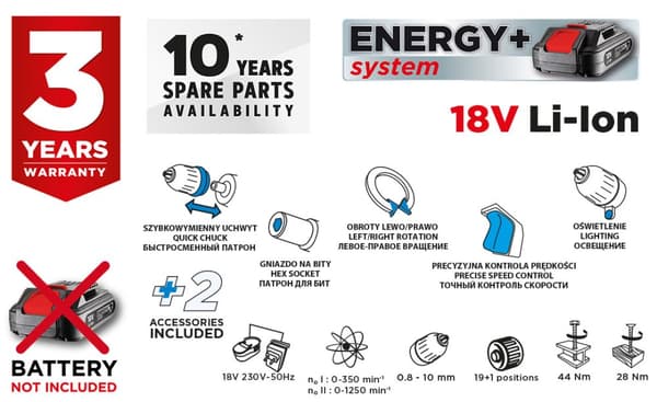 Energy+ 18V batteridrevet boremaskine, aftagelig 10 mm borepatron, plus vinkeladapter og adapter