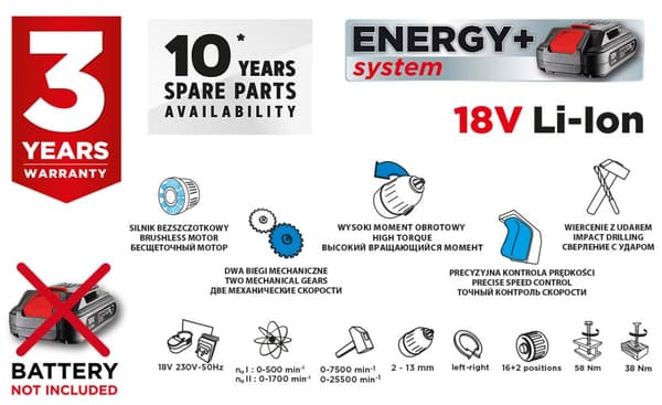 Børsteløs akku borehammer Energy+ 18V, Li-Ion, 13 mm, uden batteri