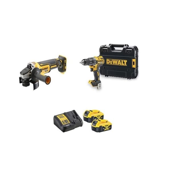 Paket med 2 18V XR-verktyg (DCD791 + DCG405) + 2 5Ah-batterier + laddare + T-STAK-låda - DEWALT - DCK2020P2T