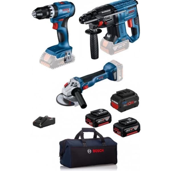 Set av 3 verktyg 18V BOSCH PRO + batterier 2x5.0Ah / 1x5.5Ah + laddare - 0615990N29