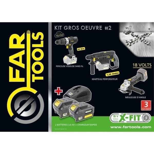 X-FIT PACK “LARGE WORK” 3 18V maskiner + 2 18V 3,0Ah batterier: Borr/skruvmejsel + Perfo hammare + Vinkelslip