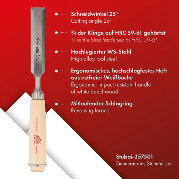 Stubai multiverktyg - 357501 - Snickarmejsel med trähandtag, Silver/beige, 30 mm