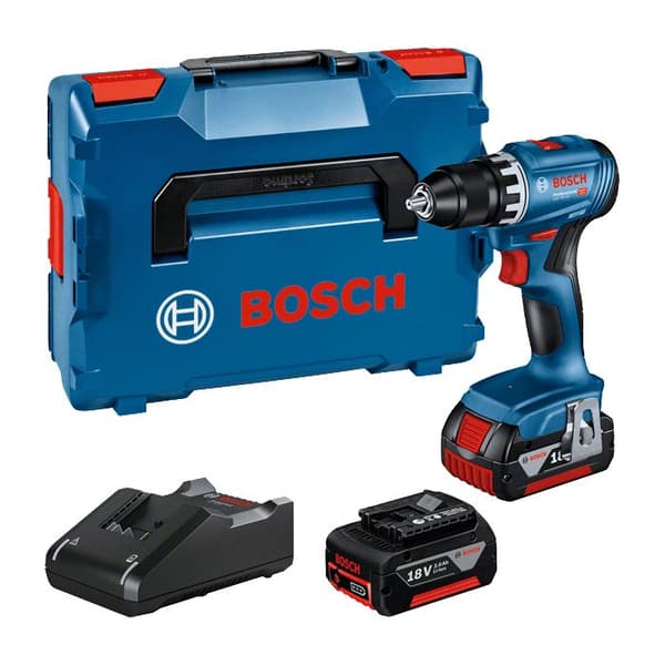 18V GSR 18V-45 borrmaskin + 2 GBA 3Ah batterier + laddare i L-BOXX fodral - BOSCH - 06019K3204