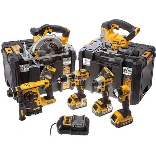 Paket med 6 DEWALT DCK699M3T-maskiner - 3 18V-batterier, multispänningsladdare och 2 Tstak-boxar