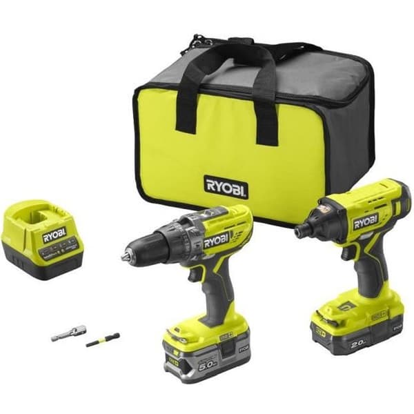 RYOBI - ONE+ 2-verktygskombo: Slagborr, slagskruvdragare + 2 5 &amp; 2 Ah batterier, laddare &amp; väska - R18PDID2-252S