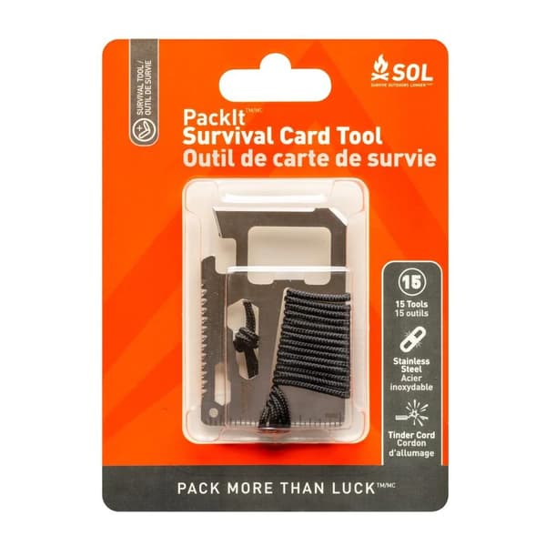 SOL PACKIT SURVIVAL CARD TOOL,  multitool i storlek av visakort