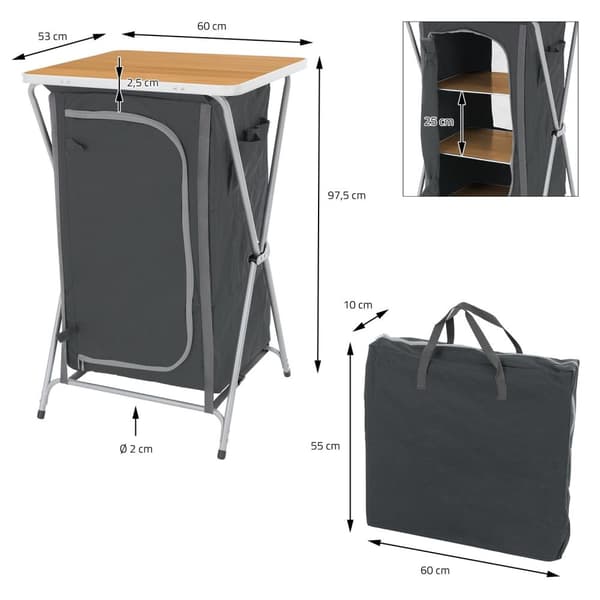 ECD Germany Taitettava leirikaappi puuoptiikka-musta; 60x97;5x53cm; retkikeittiö alumiinirungolla; kannettava keittiölaatikko työtasolla; 3 hyllyä;
