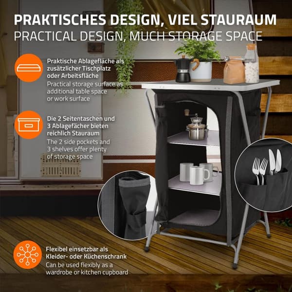 ECD Germany Fällbar Campingsskåp; Grå-Svart; 60x97;5x53 cm; Campingkök med aluminiumställ; Portabel köksbox med arbetsbänk; 3 hyllor och bärväska;