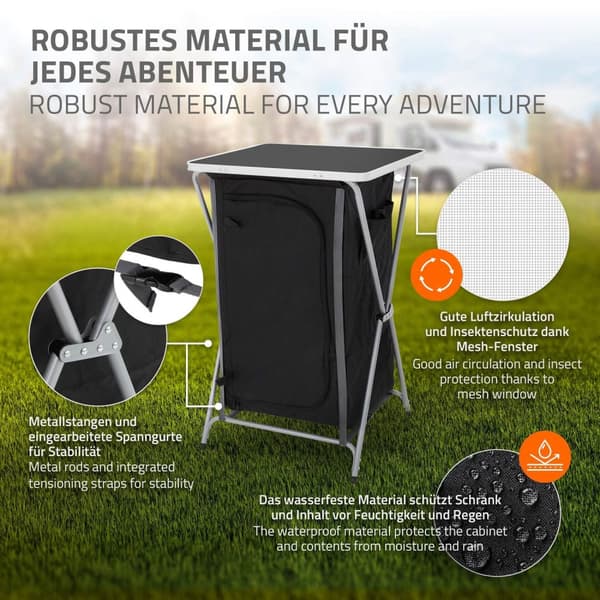 ECD Germany Fällbar Campingsskåp; Grå-Svart; 60x97;5x53 cm; Campingkök med aluminiumställ; Portabel köksbox med arbetsbänk; 3 hyllor och bärväska;