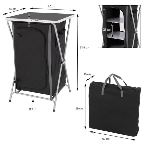 ECD Germany Fällbar Campingsskåp; Grå-Svart; 60x97;5x53 cm; Campingkök med aluminiumställ; Portabel köksbox med arbetsbänk; 3 hyllor och bärväska;