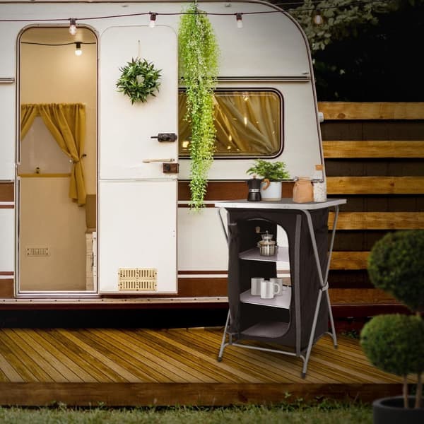 ECD Germany Fällbar Campingsskåp; Grå-Svart; 60x97;5x53 cm; Campingkök med aluminiumställ; Portabel köksbox med arbetsbänk; 3 hyllor och bärväska;