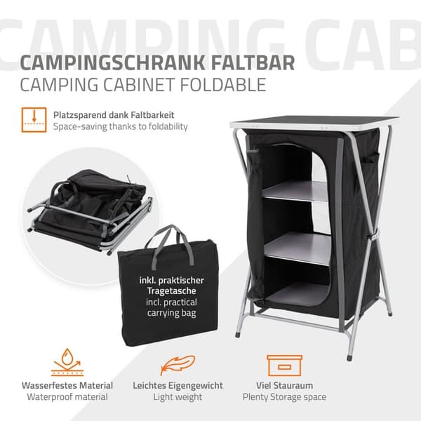 ECD Germany Fällbar Campingsskåp; Grå-Svart; 60x97;5x53 cm; Campingkök med aluminiumställ; Portabel köksbox med arbetsbänk; 3 hyllor och bärväska;