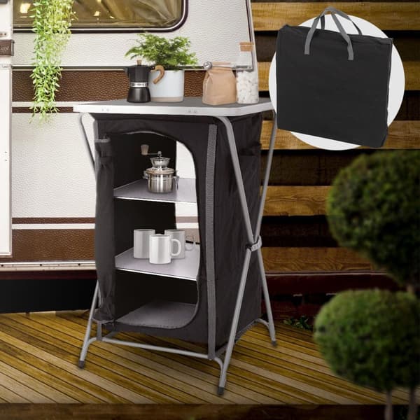 ECD Germany Fällbar Campingsskåp; Grå-Svart; 60x97;5x53 cm; Campingkök med aluminiumställ; Portabel köksbox med arbetsbänk; 3 hyllor och bärväska;