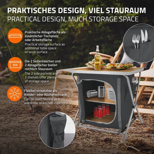 ECD Germany Fällbar Campingsskåp; Svart träoptik; 60x64x45 cm; Campingkök med aluminiumställ; Portabel köksbox med arbetsbänk; 2 hyllor och bärväska;