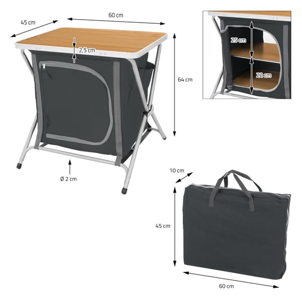 ECD Germany Fällbar Campingsskåp; Svart träoptik; 60x64x45 cm; Campingkök med aluminiumställ; Portabel köksbox med arbetsbänk; 2 hyllor och bärväska;