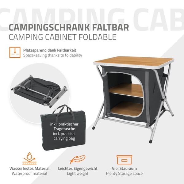 ECD Germany Fällbar Campingsskåp; Svart träoptik; 60x64x45 cm; Campingkök med aluminiumställ; Portabel köksbox med arbetsbänk; 2 hyllor och bärväska;