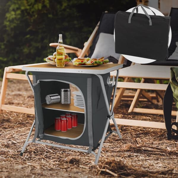 ECD Germany Fällbar Campingsskåp; Svart träoptik; 60x64x45 cm; Campingkök med aluminiumställ; Portabel köksbox med arbetsbänk; 2 hyllor och bärväska;