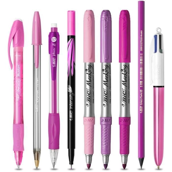 BIC Rosa &amp; Lila Festset - 1 Fodral, 2 Kulspetspennor/1 Utgörbar Gelpenna/1 Blyertspenna med suddgummi/1 Penna