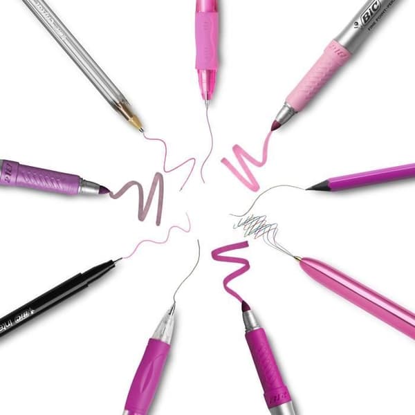 BIC Rosa &amp; Lila Festset - 1 Fodral, 2 Kulspetspennor/1 Utgörbar Gelpenna/1 Blyertspenna med suddgummi/1 Penna