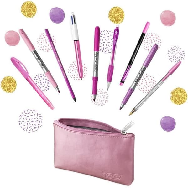 BIC Rosa &amp; Lila Festset - 1 Fodral, 2 Kulspetspennor/1 Utgörbar Gelpenna/1 Blyertspenna med suddgummi/1 Penna