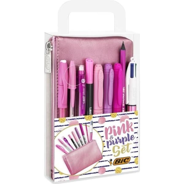 BIC Rosa &amp; Lila Festset - 1 Fodral, 2 Kulspetspennor/1 Utgörbar Gelpenna/1 Blyertspenna med suddgummi/1 Penna