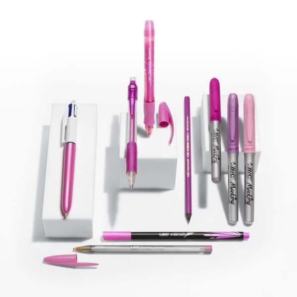 BIC Rosa & Lila Festset - 1 Fodral, 2 Kulspetspennor/1 Utgörbar Gelpenna/1 Blyertspenna med suddgummi/1 Penna