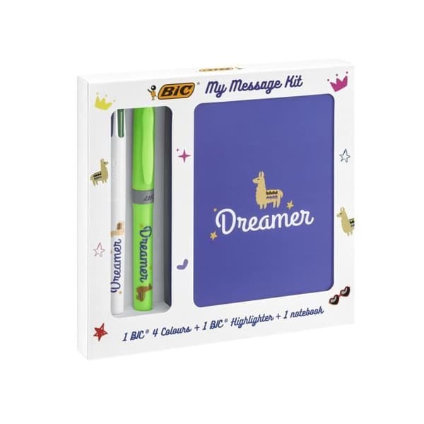 BIC My Message Kit Dreamer - Papperskit med 1 BIC-bläckpenna 4 färger/1 BIC Highlighter Grip grön/1 Anteckningsblock