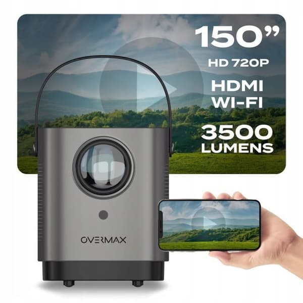 Bärbar Videoprojektor - OVERMAX - Multipic 3.6 - HD - 3500 Lumens - 5G WiFi Bluetooth Svart, Grå