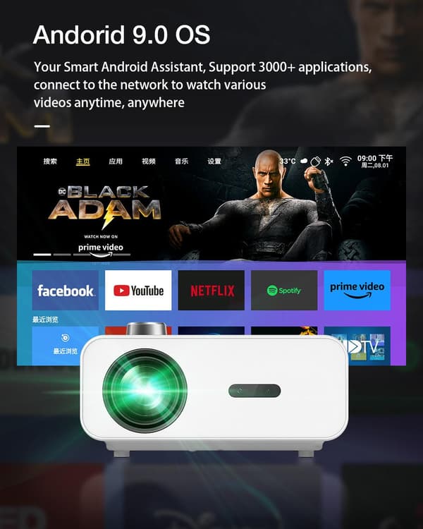 BW-V5Max LED-projektor Android 9.0 Autofokus Fysisk 1080P-upplösning 9000 Lumen 6D-Keystone-korrigeringsstöd Sidoprojektion Bluetooth 5.0