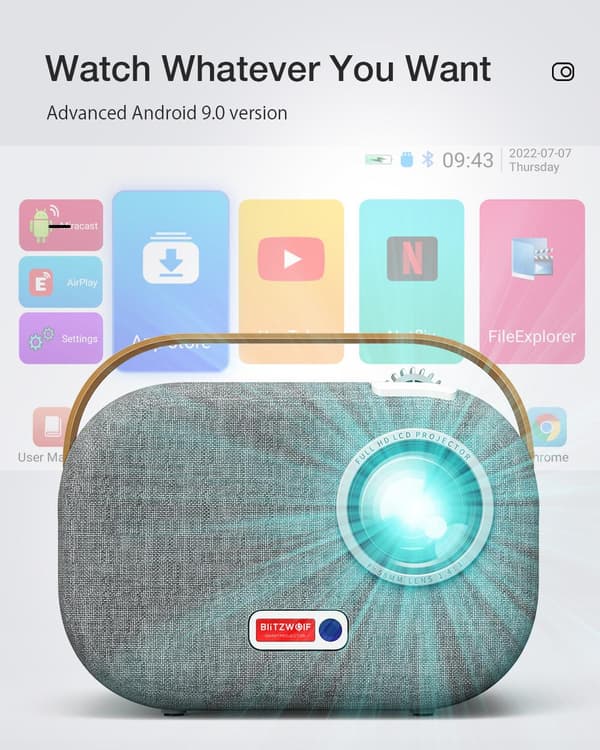 1080P Android-projektor Automatisk Keystone-korrigering 5G-WIFI 200ANSI Lumens Android 9.0 Google Assistant Portable Mini Hemmabio Utomhusfilm