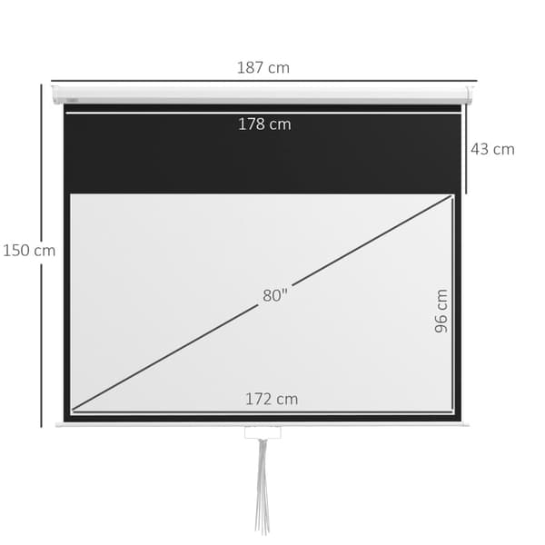 Rootz projektorskærm med stativ - 80 tommer - Rynkebestandig - Bred betragtningsvinkel - Væg-/loftmontering - 172 cm x 96 cm - 16:9