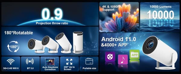 NÖRDIC Mini Portable Projector 4K 1080P Full HD-stöd Android 11 & Netflix – WiFi 6, BT 5.0, 180° rotation, hemmabioprojektor