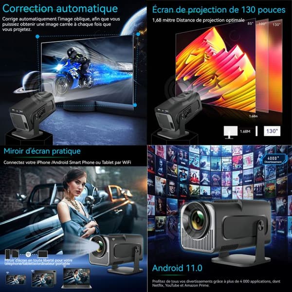 INN Mini Projektor 1280x720p FHD 4K Android TV WiFi 6 BT 5.0 180 Graders Rotation Videoprojektor Automatisk Trapezjustering