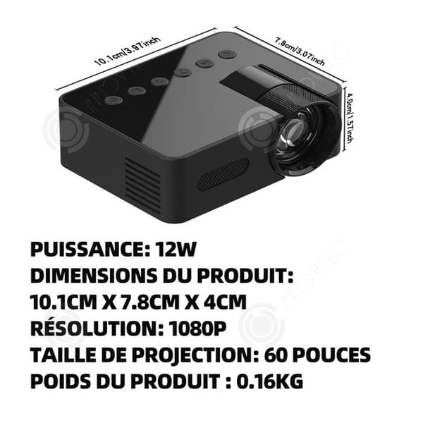 INN Videoprojektor 1080P 10,1cm x7,8cm x4cm dimensioner maskinprojektion portabilitet WiFi bluetooth stöd elektrisk fokus