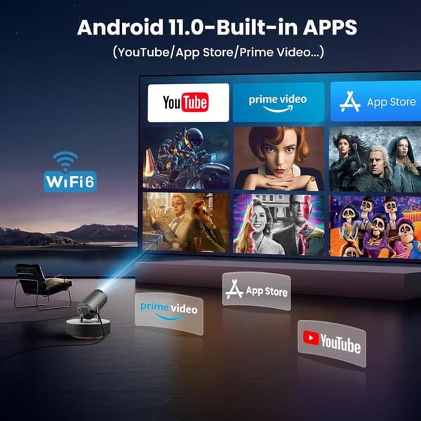 NÖRDIC Mini Portable Projector 4K 1080P Full HD-stöd Android 11 & Netflix – WiFi 6, BT 5.0, 180° rotation, hemmabioprojektor