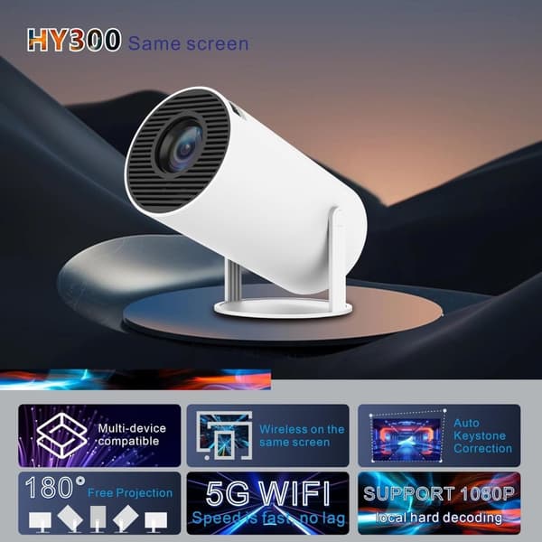 Projektor, vridbar projektor, miniprojektor med WiFi och Bluetooth, 180° rotation, 1080p stödd, filmprojektor utomhus liten projektor