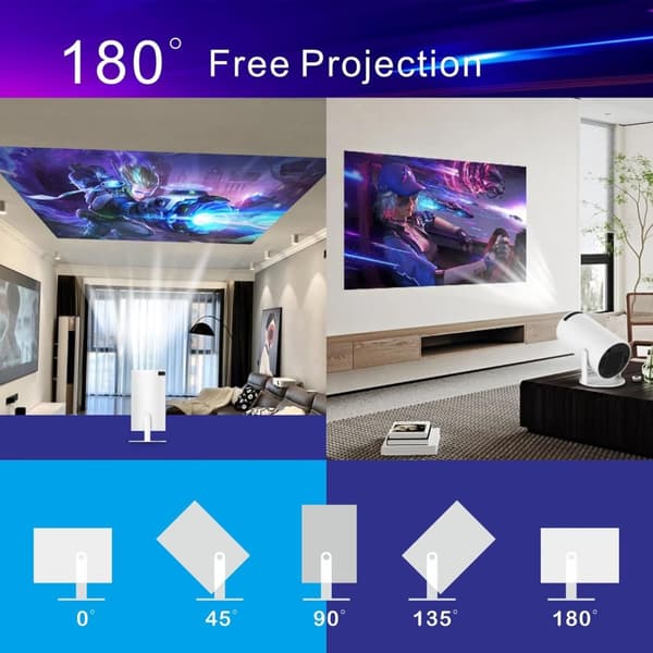 Projektor, vridbar projektor, miniprojektor med WiFi och Bluetooth, 180° rotation, 1080p stödd, filmprojektor utomhus liten projektor
