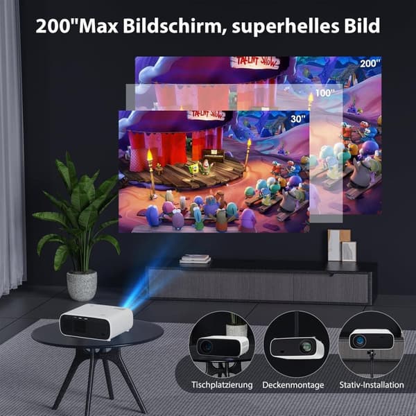 Projektor med WiFi och Bluetooth, 20 000 Lumen, 4K-stöd, Full HD 1080P-upplösning, stöd för Switch och PS5