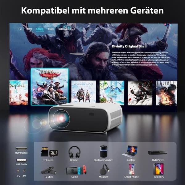 Projektor med WiFi och Bluetooth, 20 000 Lumen, 4K-stöd, Full HD 1080P-upplösning, stöd för Switch och PS5