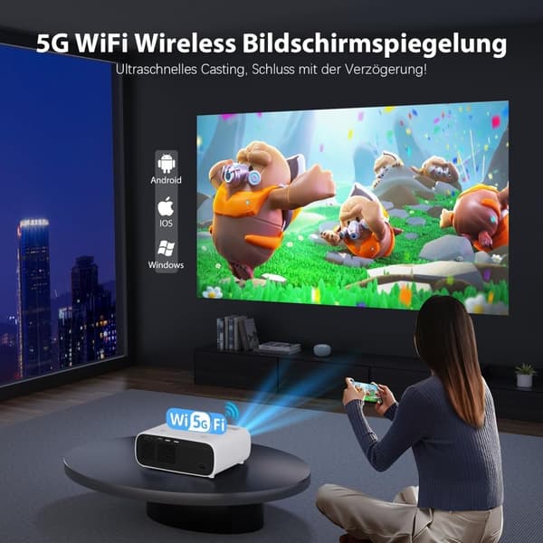 Projektor med WiFi och Bluetooth, 20 000 Lumen, 4K-stöd, Full HD 1080P-upplösning, stöd för Switch och PS5