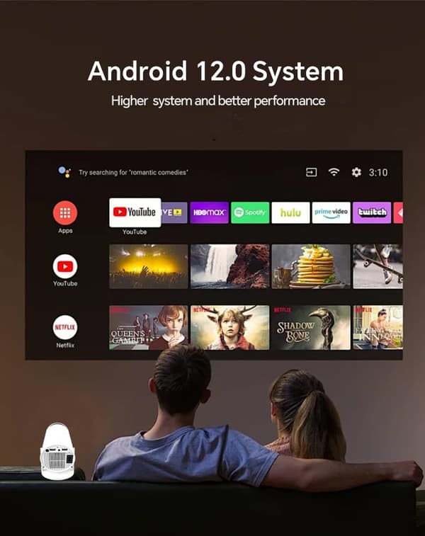 4K-projektor med Android 12, 5G WiFi, Bluetooth, 150 ANSI, 50.000 timer